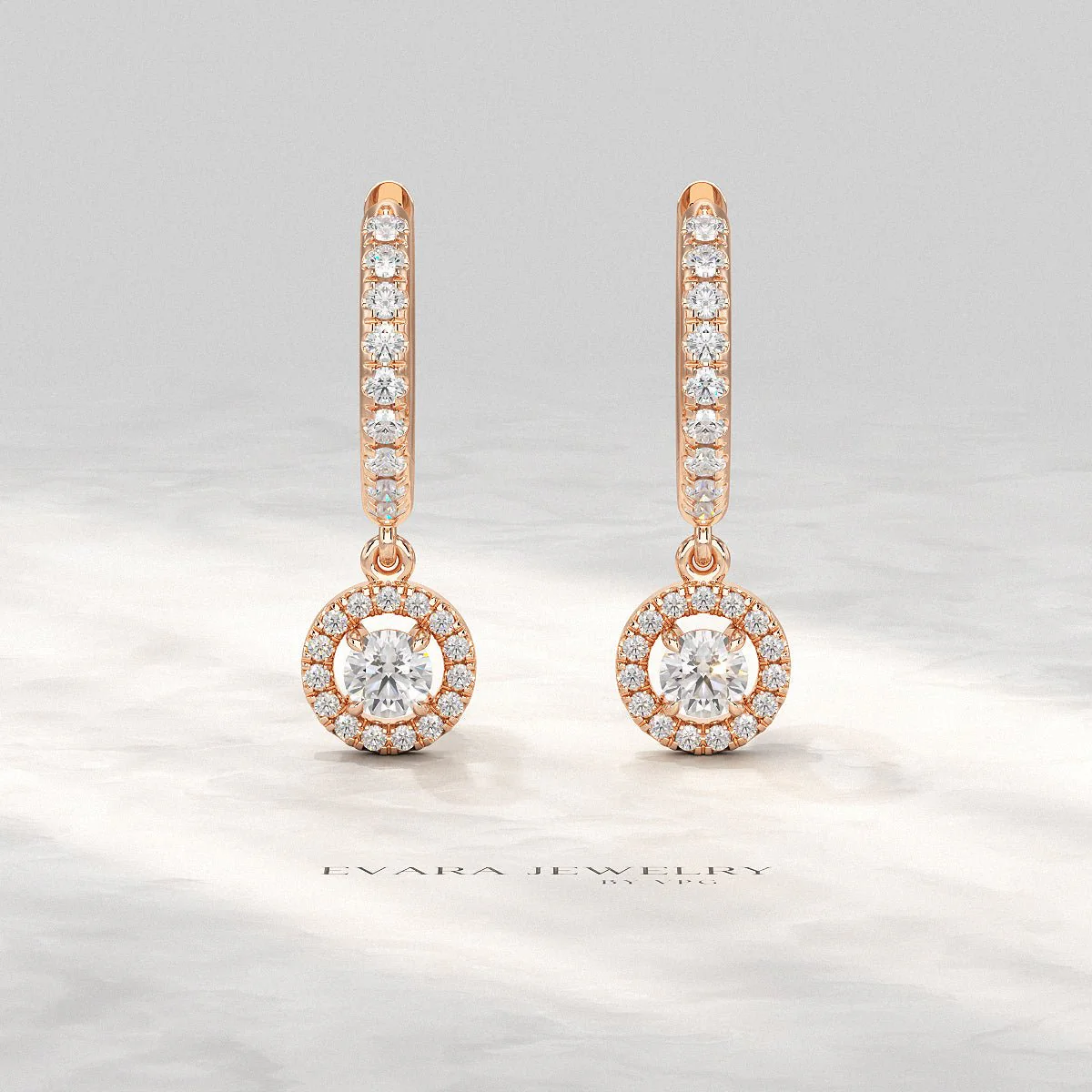 Round Cut Halo Drop Diamond Huggies Earrings - Image 12