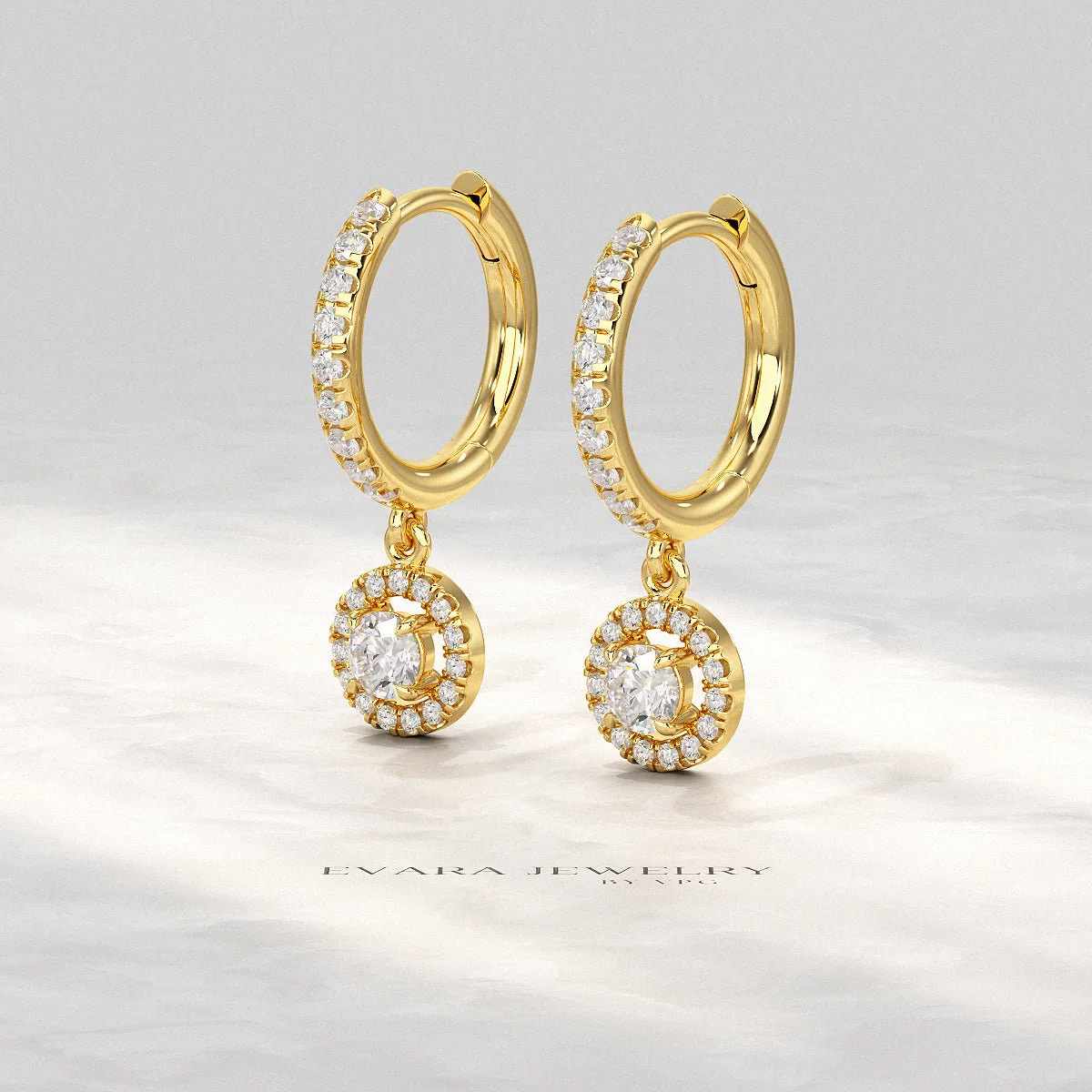 Round Cut Halo Drop Diamond Huggies Earrings - Image 3