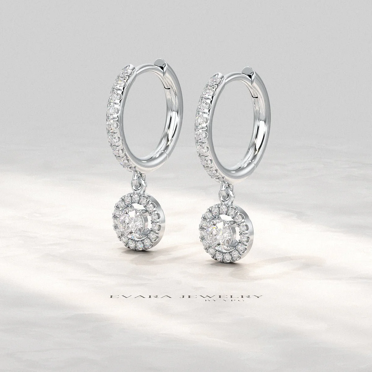 Round Cut Halo Drop Diamond Huggies Earrings - Image 7