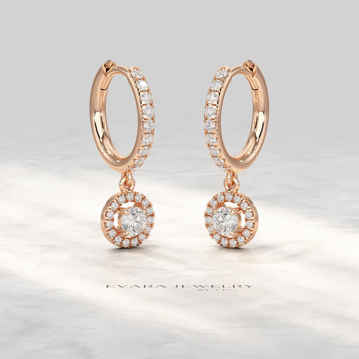 Round Cut Halo Drop Diamond Huggies Earrings - Image 9