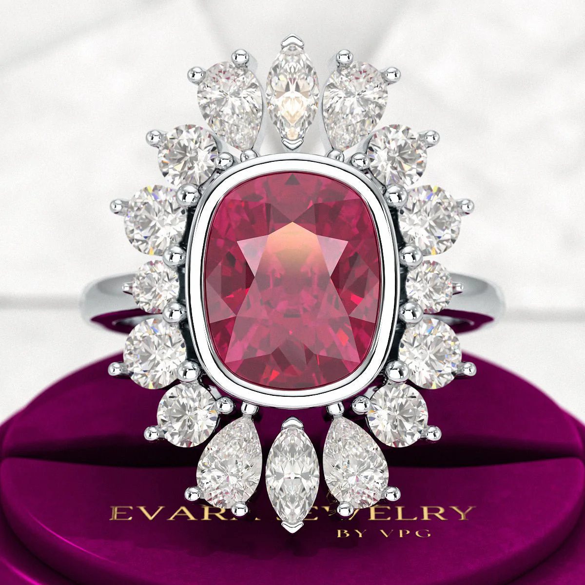 Natural Rubellite Tourmaline Cushion Diamond Art Deco Wedding Ring - Image 10