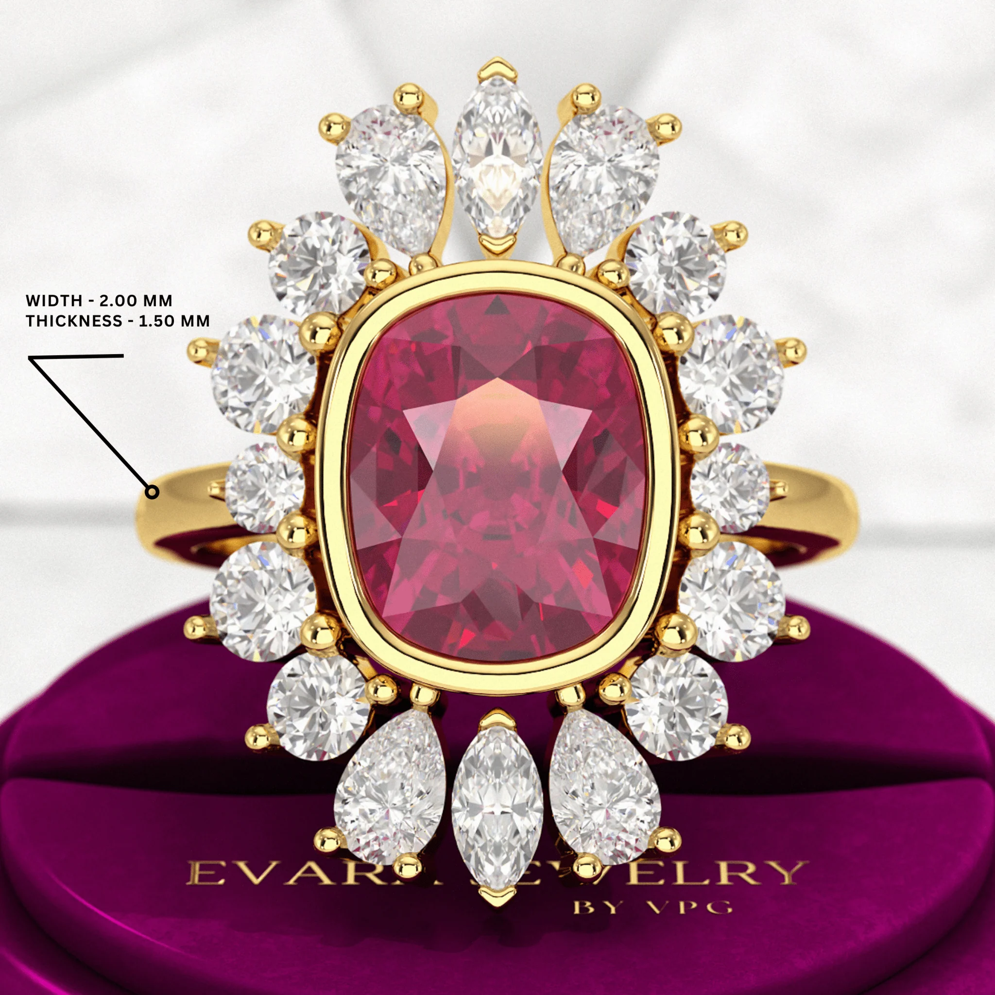 Natural Rubellite Tourmaline Cushion Diamond Art Deco Wedding Ring - Image 3