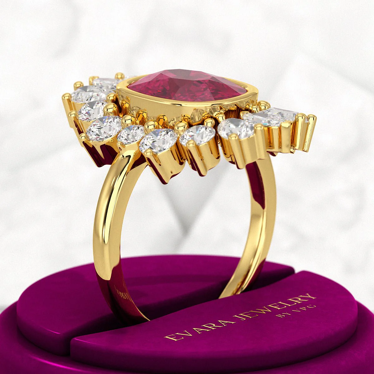Natural Rubellite Tourmaline Cushion Diamond Art Deco Wedding Ring - Image 4