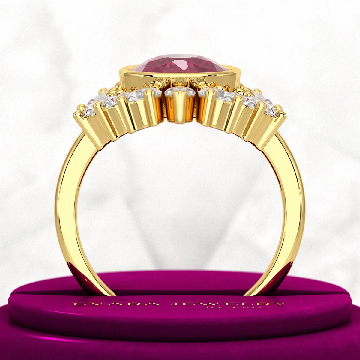 Natural Rubellite Tourmaline Cushion Diamond Art Deco Wedding Ring - Image 5