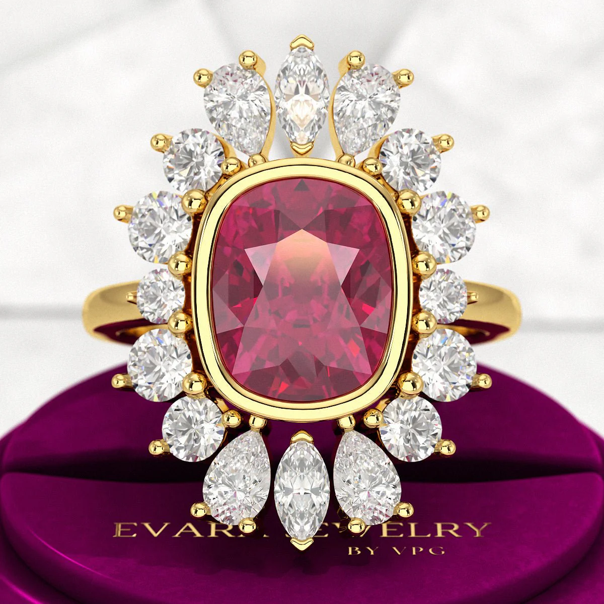 Natural Rubellite Tourmaline Cushion Diamond Art Deco Wedding Ring - Image 6