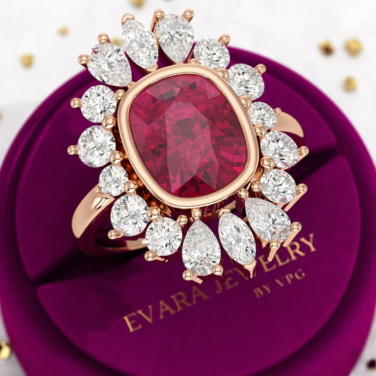 Natural Rubellite Tourmaline Cushion Diamond Art Deco Wedding Ring - Image 7