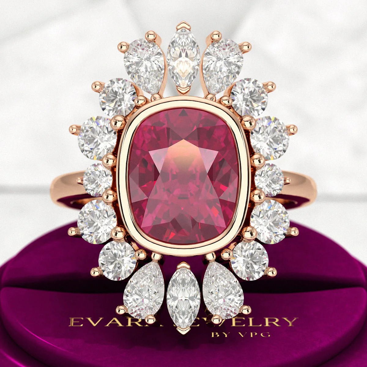 Natural Rubellite Tourmaline Cushion Diamond Art Deco Wedding Ring - Image 8