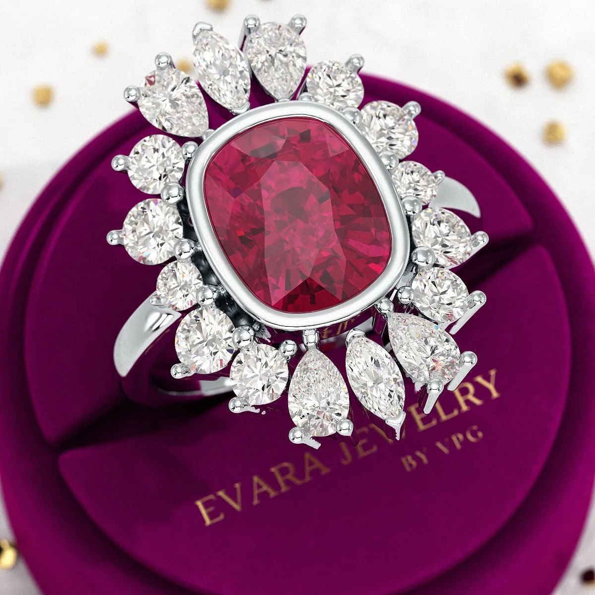 Natural Rubellite Tourmaline Cushion Diamond Art Deco Wedding Ring - Image 9