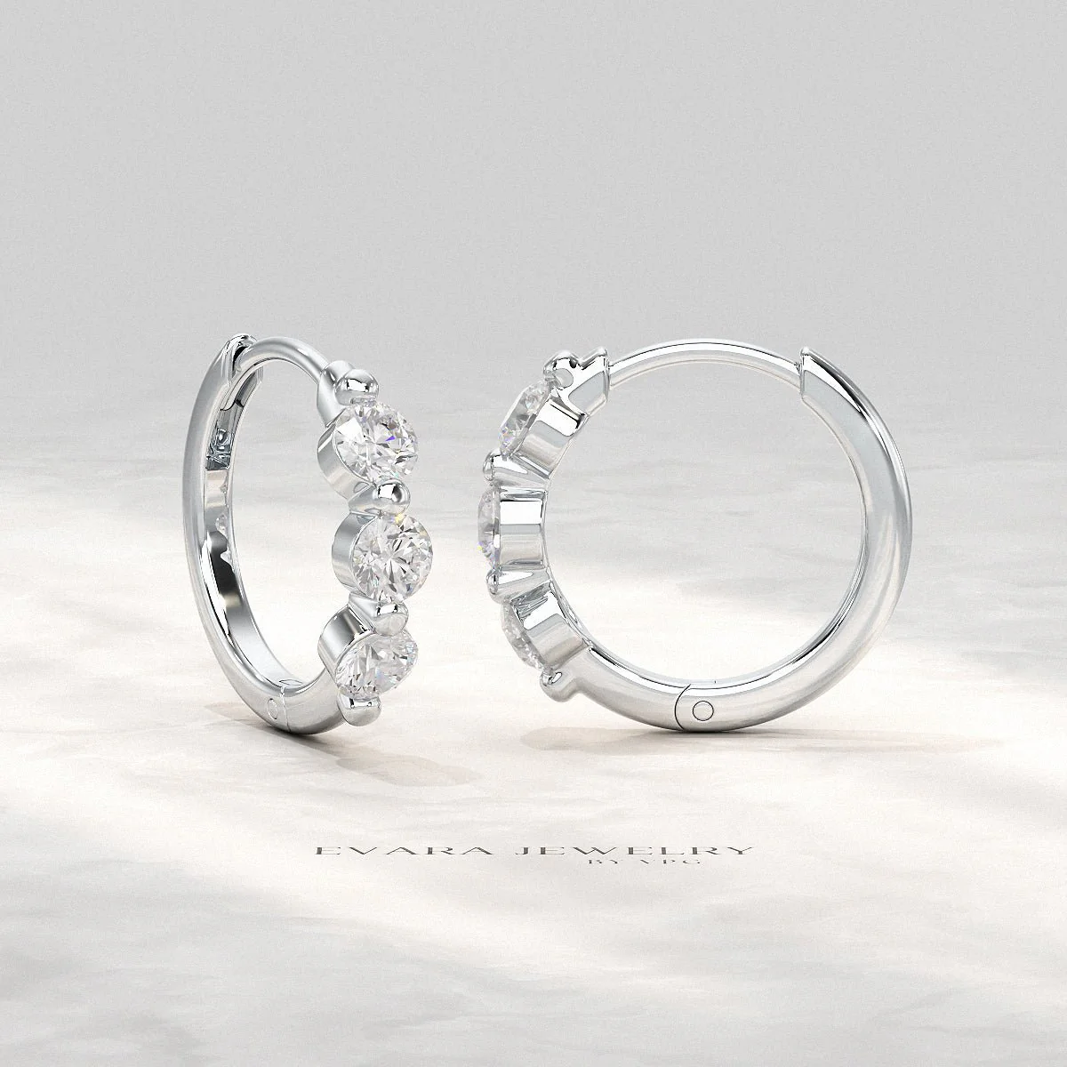 Three Stone Diamond Huggie Hoop Earrings - Image 10