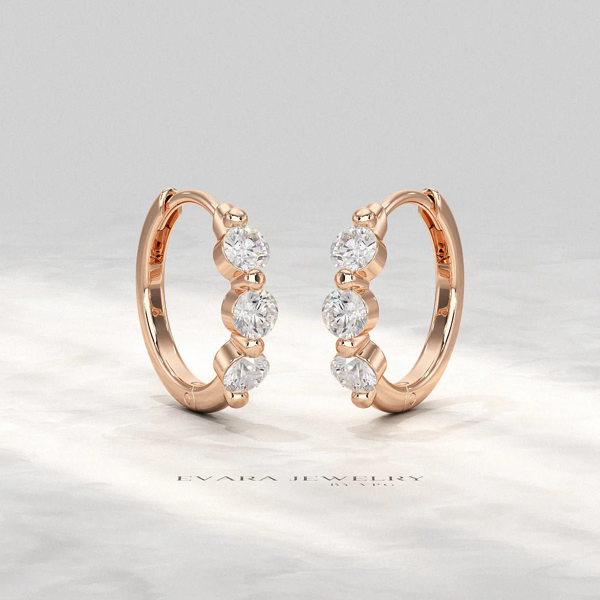 Three Stone Diamond Huggie Hoop Earrings - Image 11