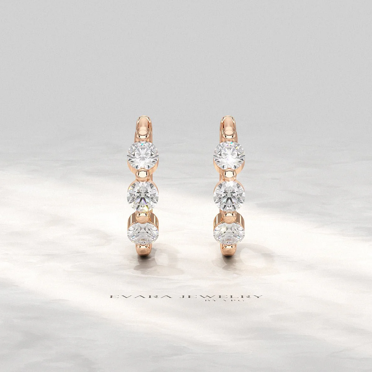 Three Stone Diamond Huggie Hoop Earrings - Image 12