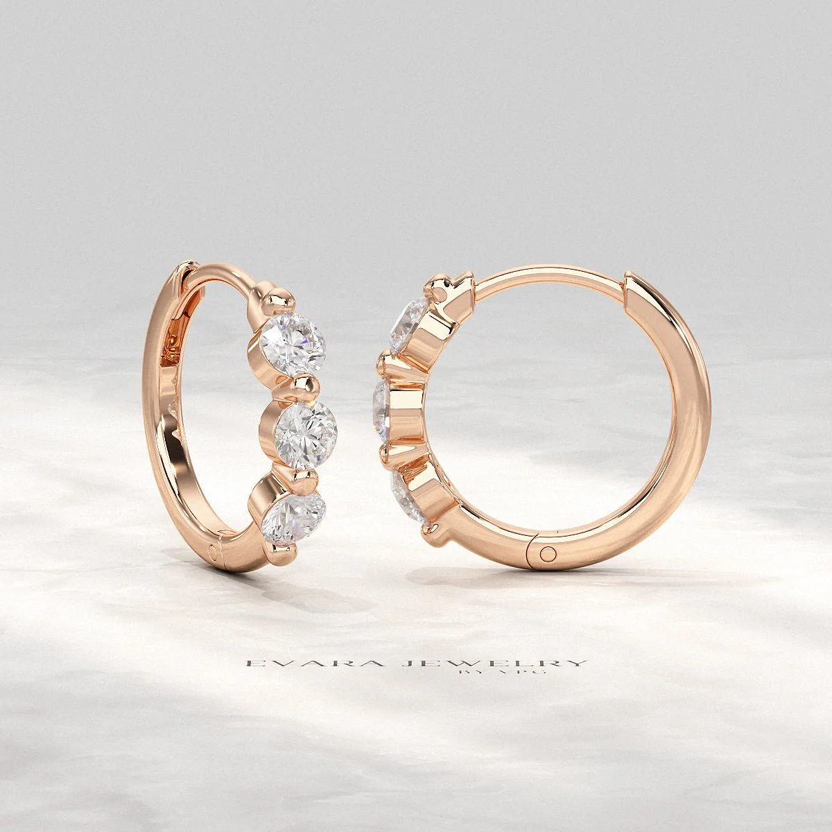 Three Stone Diamond Huggie Hoop Earrings - Image 14
