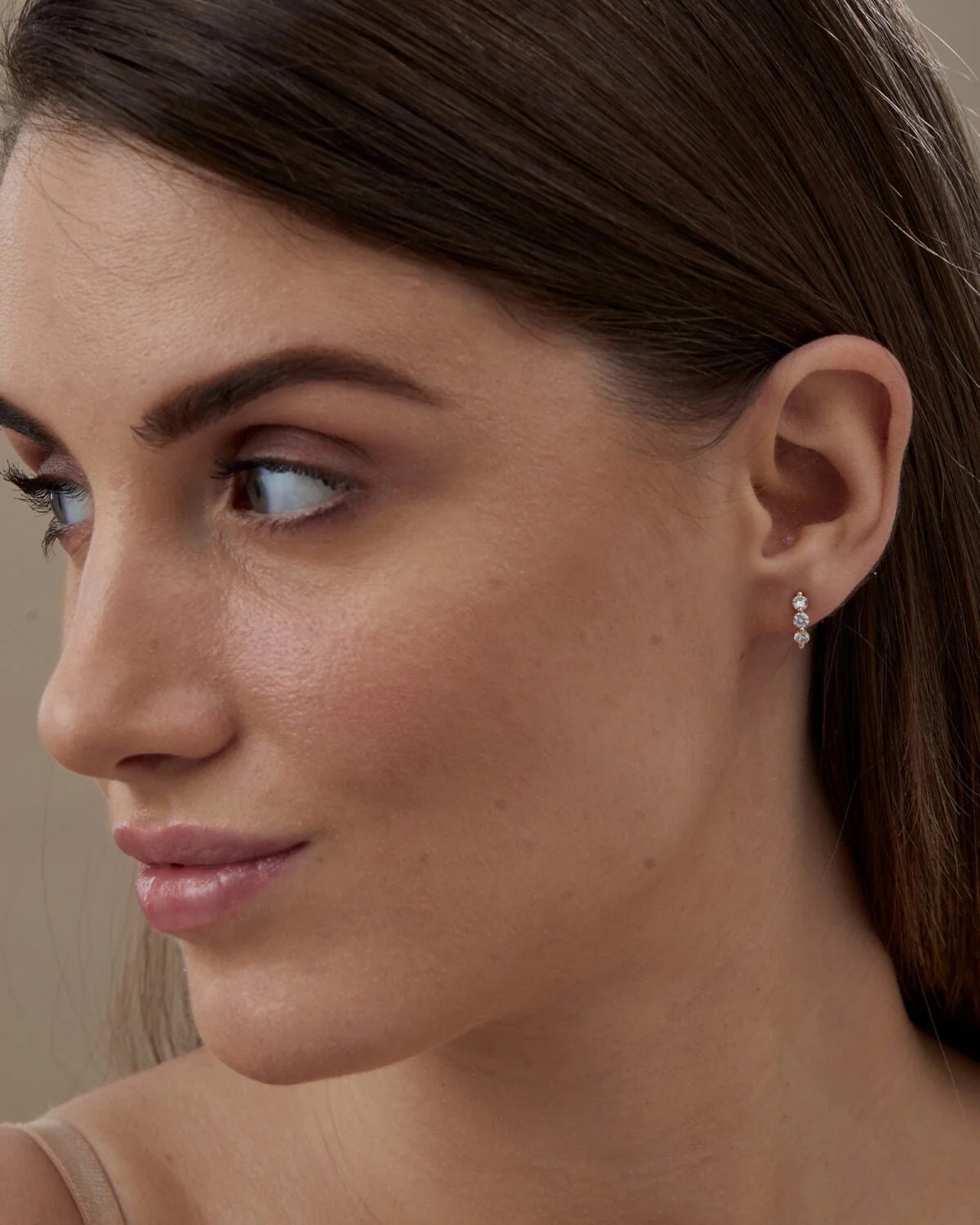 Three Stone Diamond Huggie Hoop Earrings - Image 3