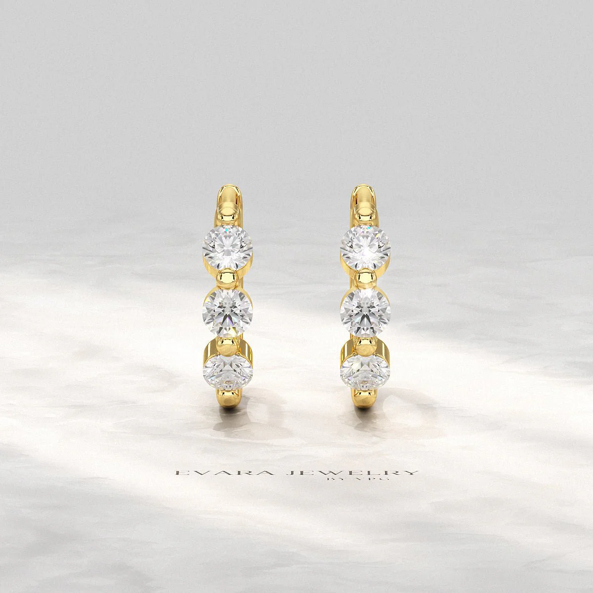 Three Stone Diamond Huggie Hoop Earrings - Image 4