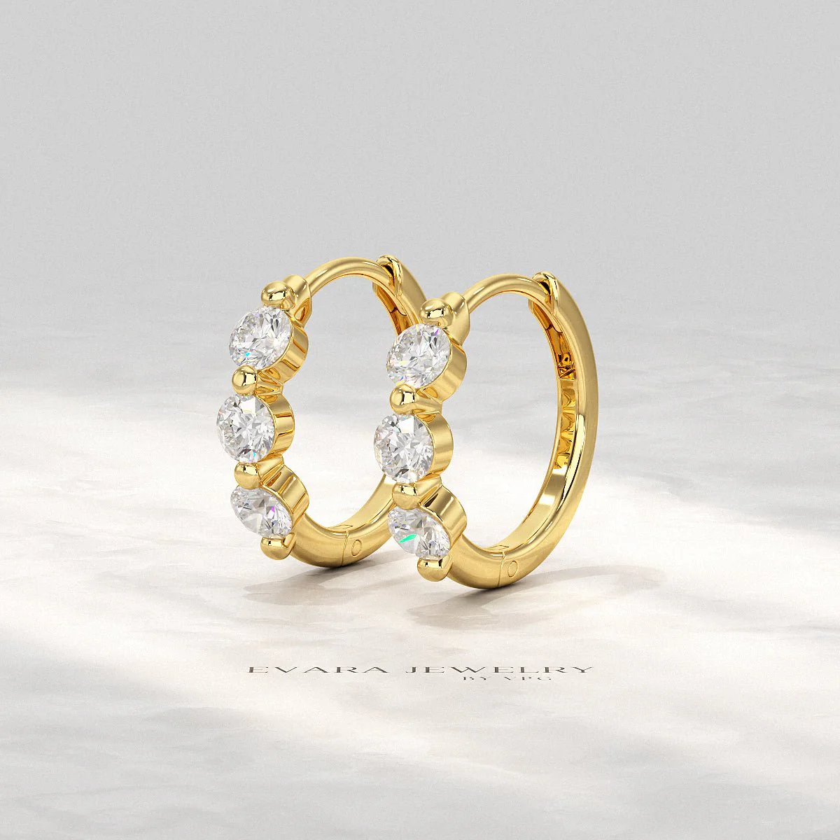 Three Stone Diamond Huggie Hoop Earrings - Image 5