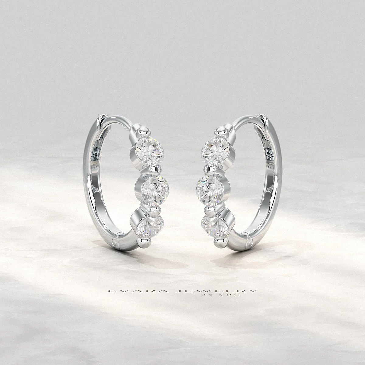 Three Stone Diamond Huggie Hoop Earrings - Image 7