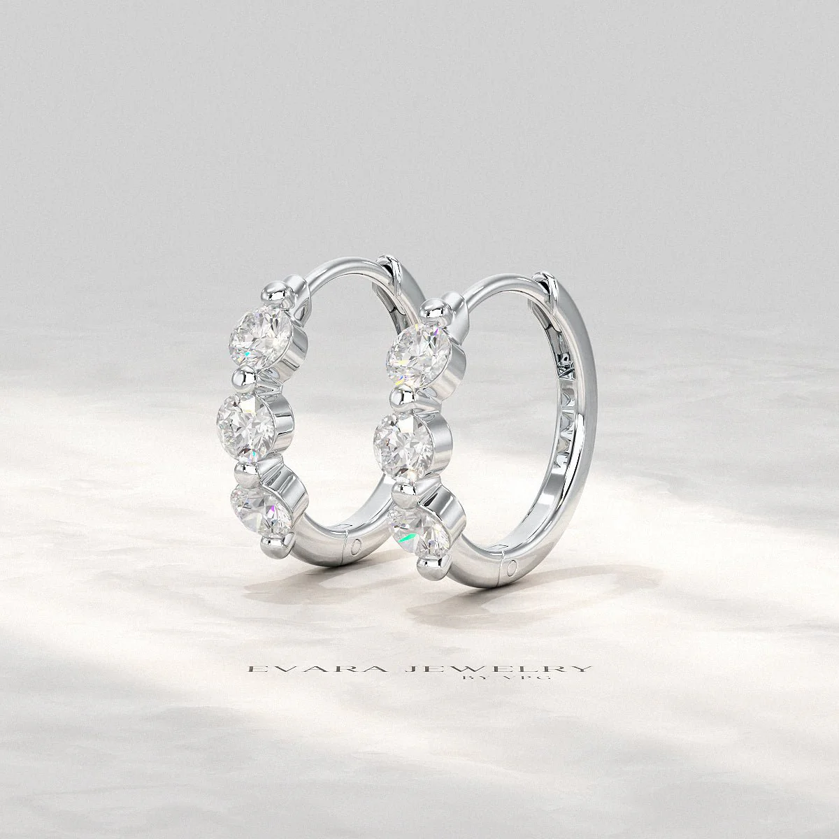 Three Stone Diamond Huggie Hoop Earrings - Image 9