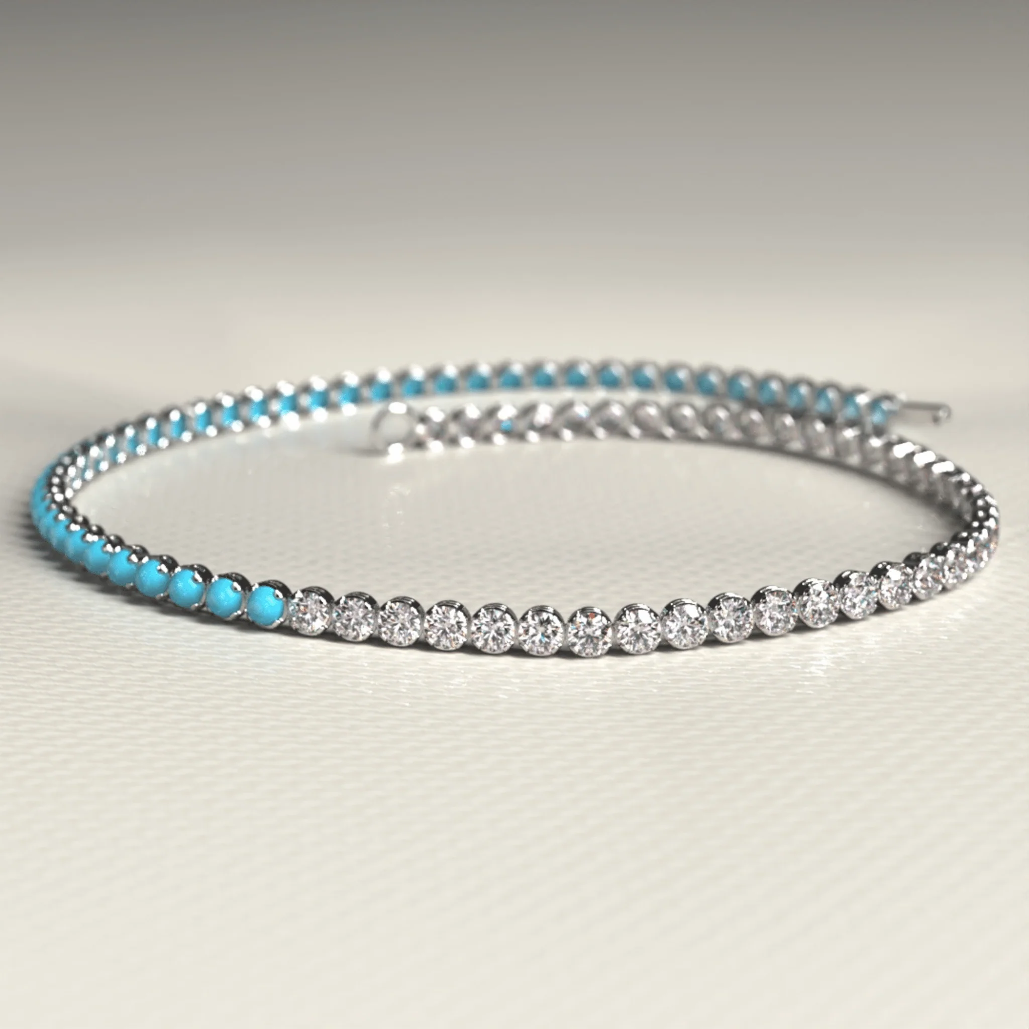Turquoise & Diamond 50-50 Tennis Bracelet in 14K/18K White Gold - Image 10