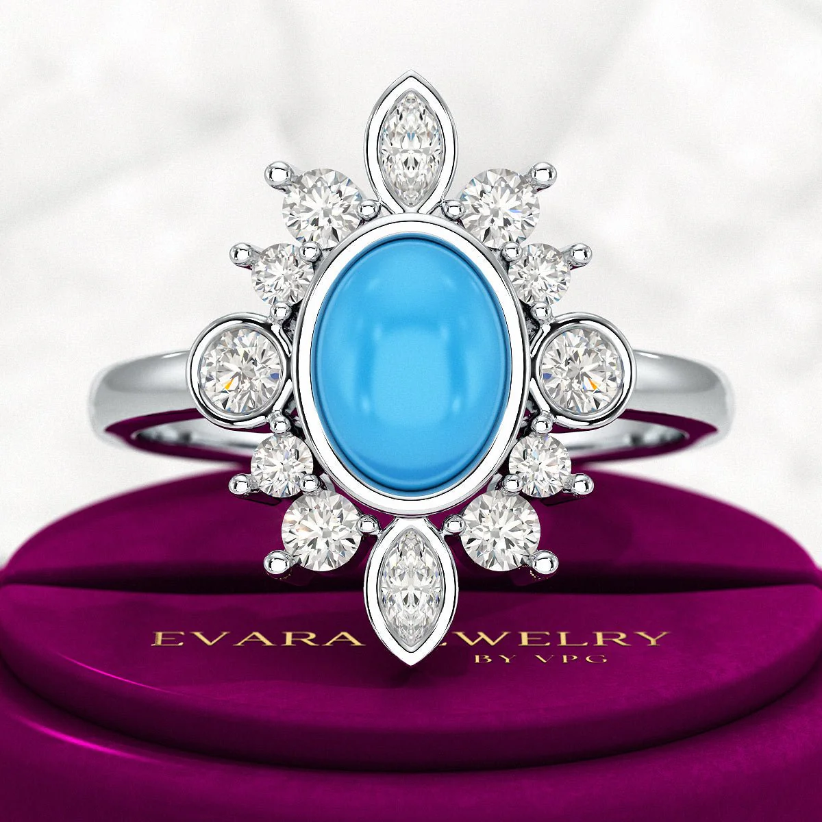 Diamond & Natural Turquoise Art Deco Statement Oval Wedding Ring - Image 10