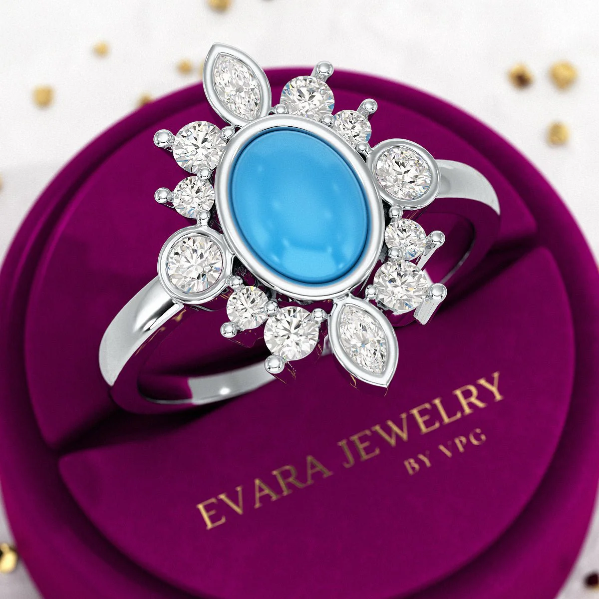 Diamond & Natural Turquoise Art Deco Statement Oval Wedding Ring - Image 11