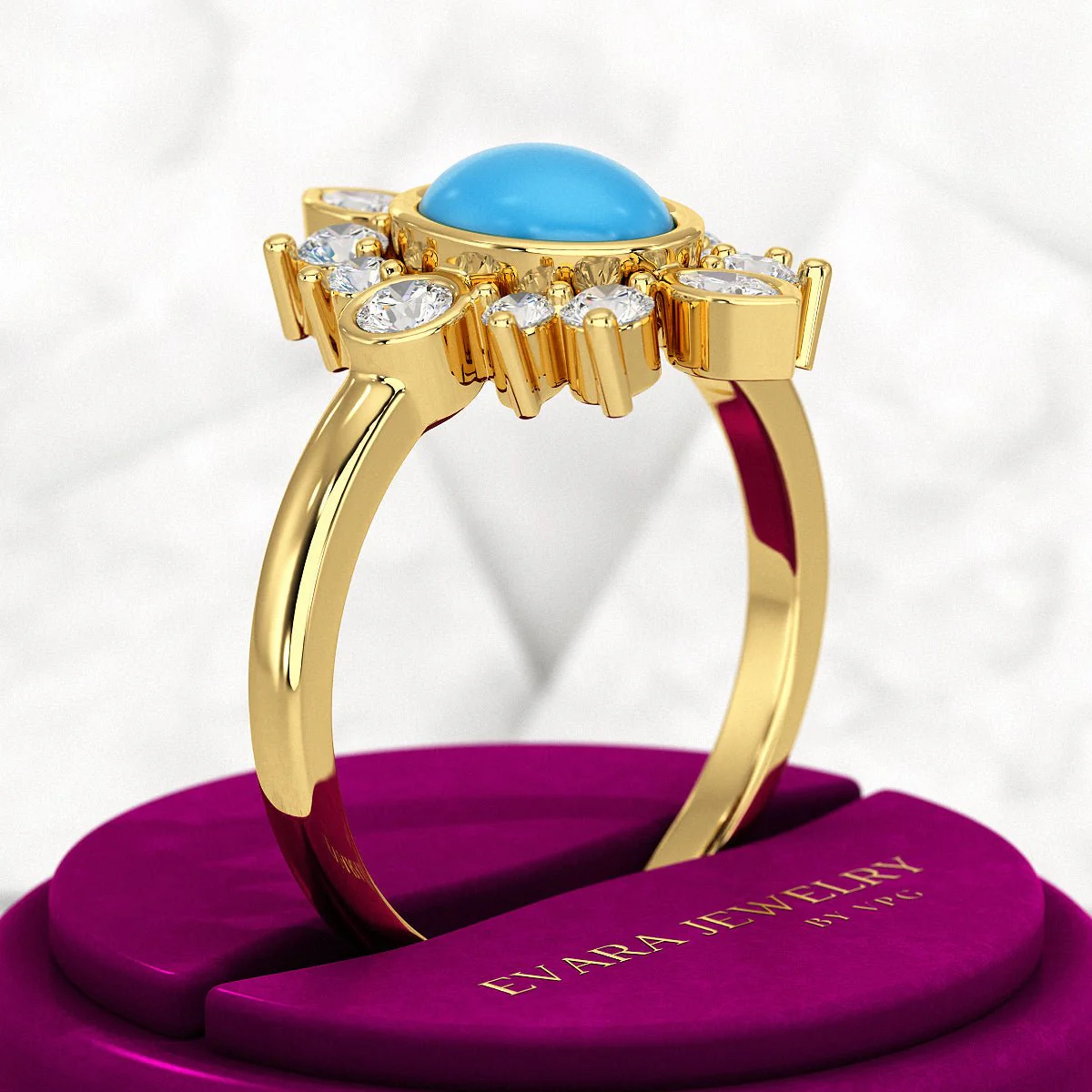 Diamond & Natural Turquoise Art Deco Statement Oval Wedding Ring - Image 4