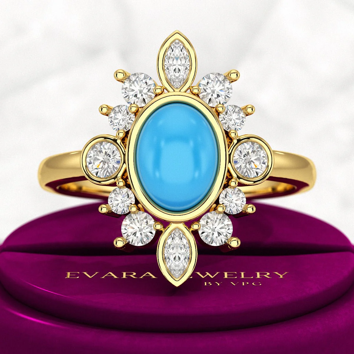 Diamond & Natural Turquoise Art Deco Statement Oval Wedding Ring - Image 5