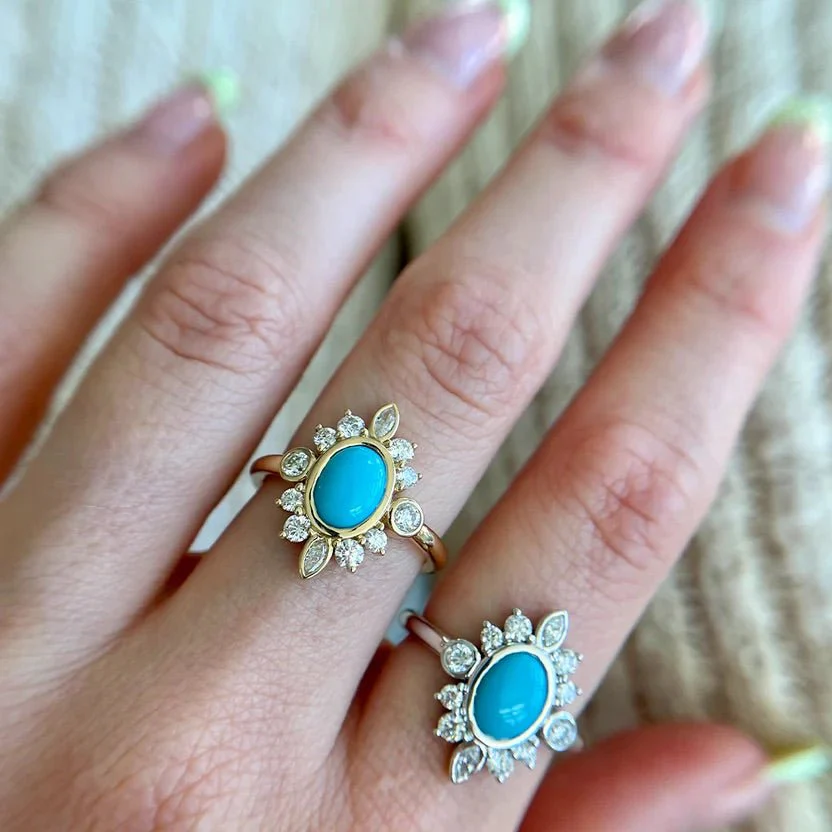 Diamond & Natural Turquoise Art Deco Statement Oval Wedding Ring - Image 6