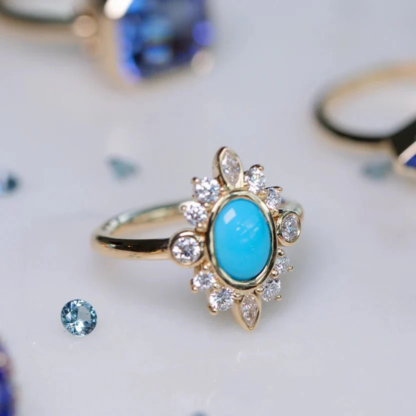 Diamond & Natural Turquoise Art Deco Statement Oval Wedding Ring - Image 7