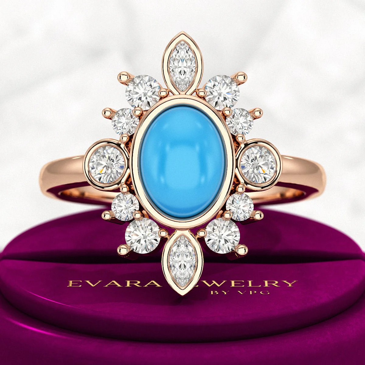 Diamond & Natural Turquoise Art Deco Statement Oval Wedding Ring - Image 8