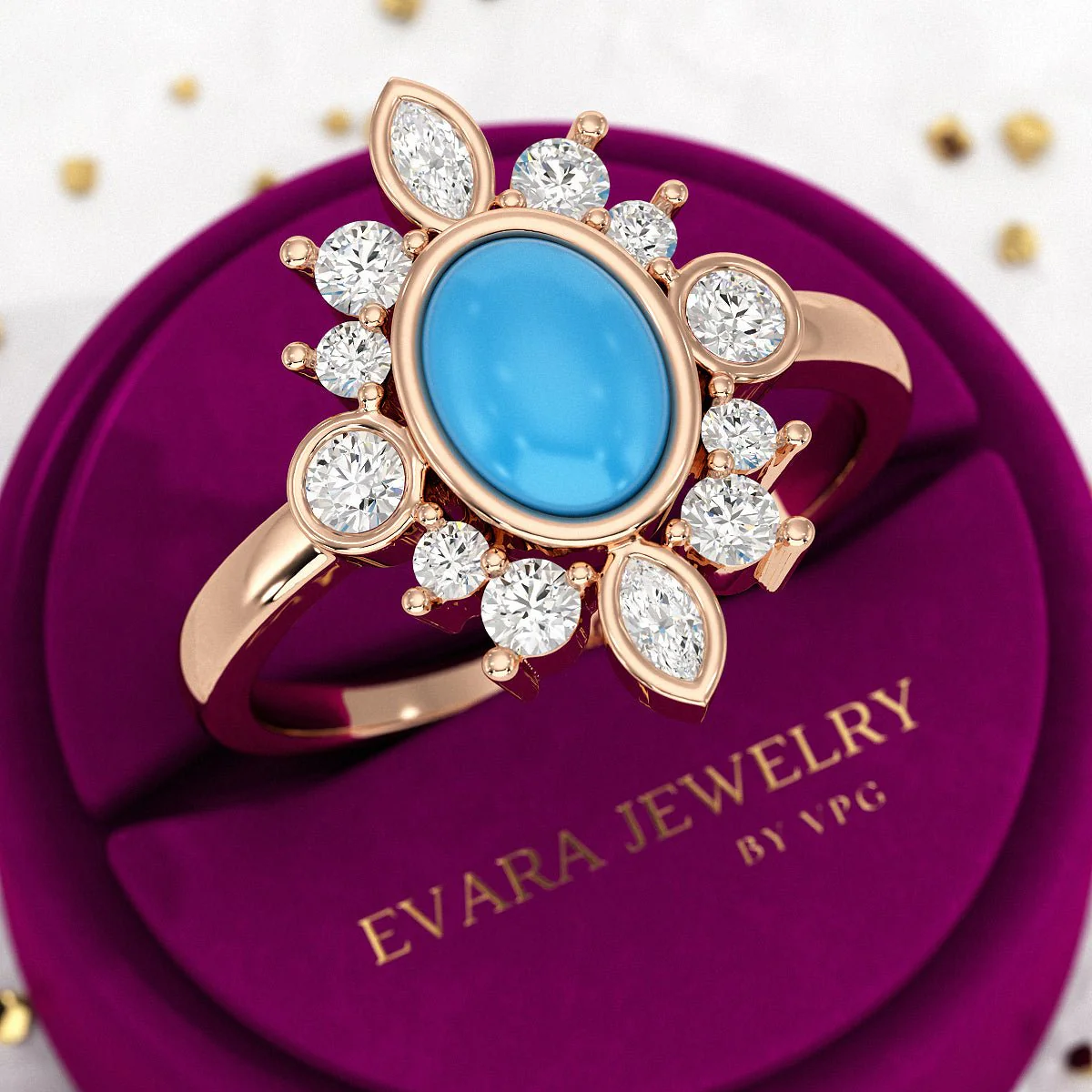 Diamond & Natural Turquoise Art Deco Statement Oval Wedding Ring - Image 9